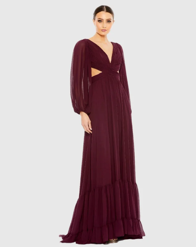 Pleated Cut Out Long Sleeve Lace Up Tiered Gown