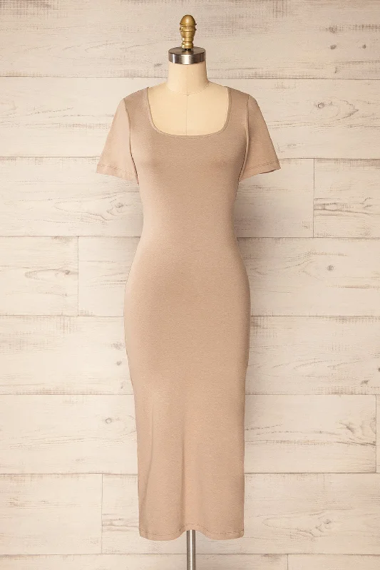 Bogota Taupe | Short Sleeve Midi Dress w/ Square Neckline Best midi dresses for date night