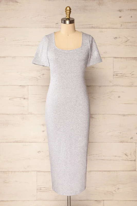 Bogota Grey | Short Sleeve Midi Dress w/ Square Neckline Designer midi dresses