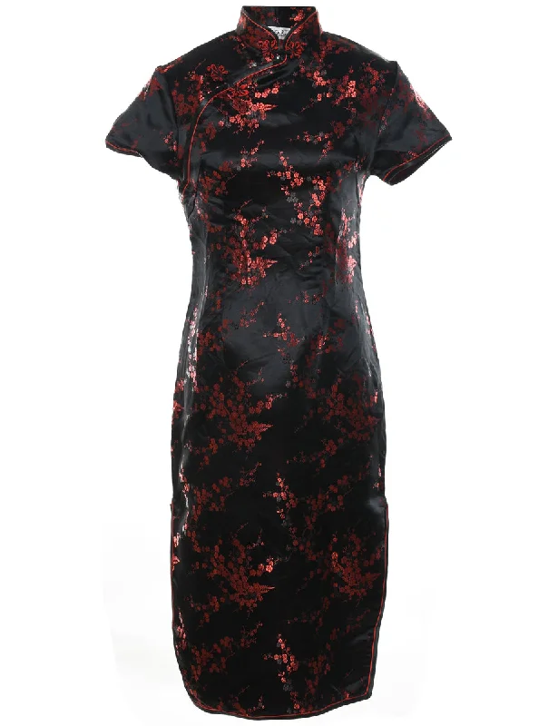 Brocade Design Black & Red 1990s Evening Dress - M