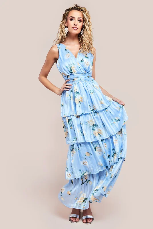 Goddiva Tiered Chiffon Floral Maxi Dress - Powder Blue Best value maxi dresses