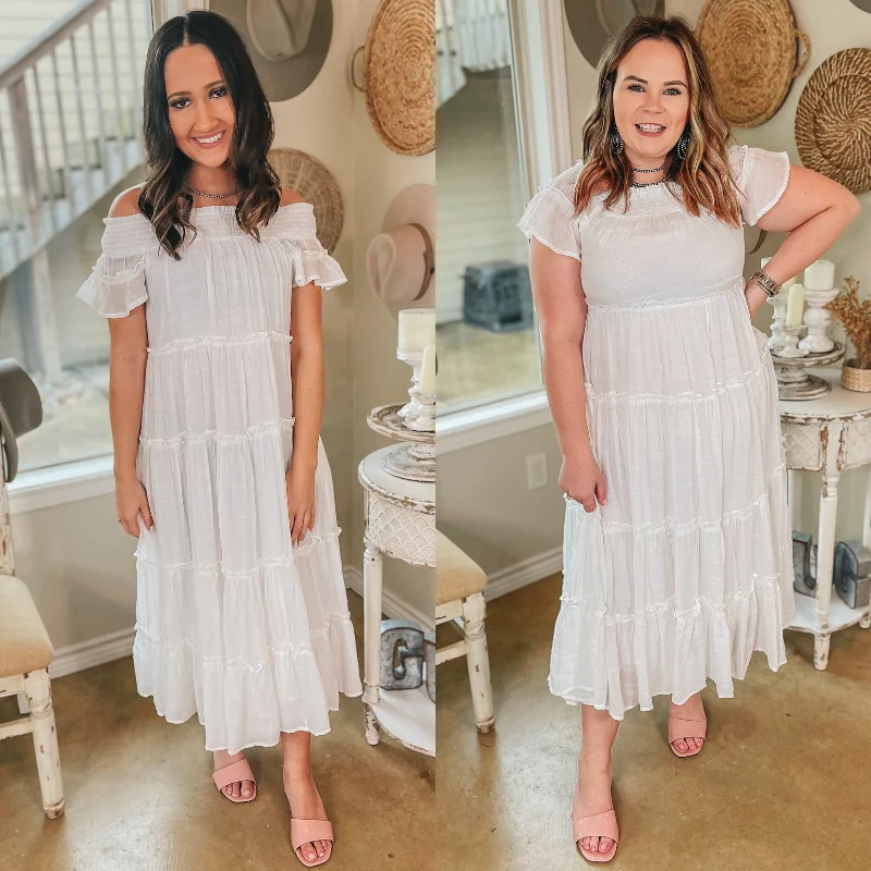 Tulum Travels Ruffle Tiered Off the Shoulder Midi Dress in White