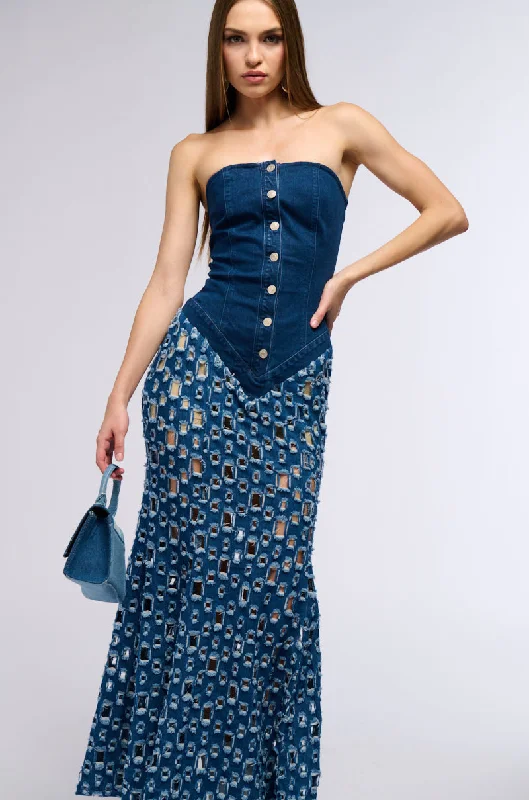 YOU KNOW THE VIBES CUT OUT DENIM MAXI DRESS Best maxi dresses for date night