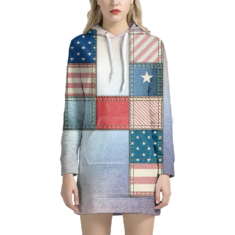 4th of July USA Denim Patchwork Print Pullover Hoodie Dress