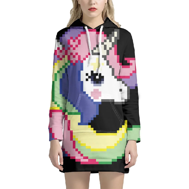 8-Bit Pixel Unicorn Print Pullover Hoodie Dress