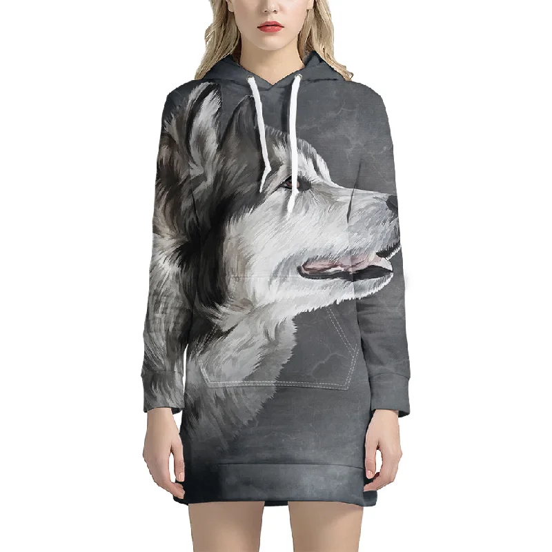 Alaskan Malamute Painting Print Pullover Hoodie Dress