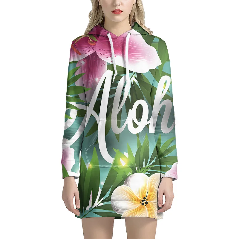 Aloha Hawaiian Flower Print Pullover Hoodie Dress