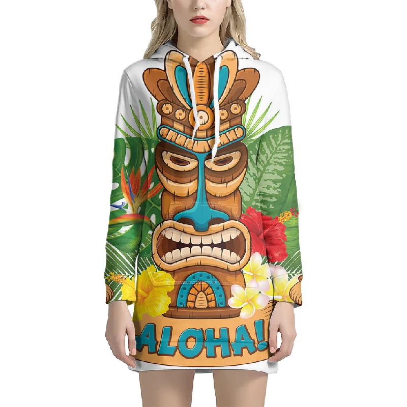 Aloha Tiki Print Pullover Hoodie Dress