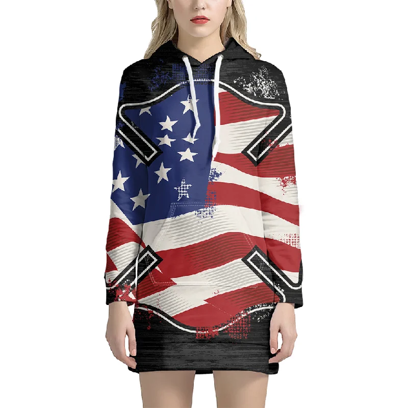 American Firefighter Emblem Print Pullover Hoodie Dress