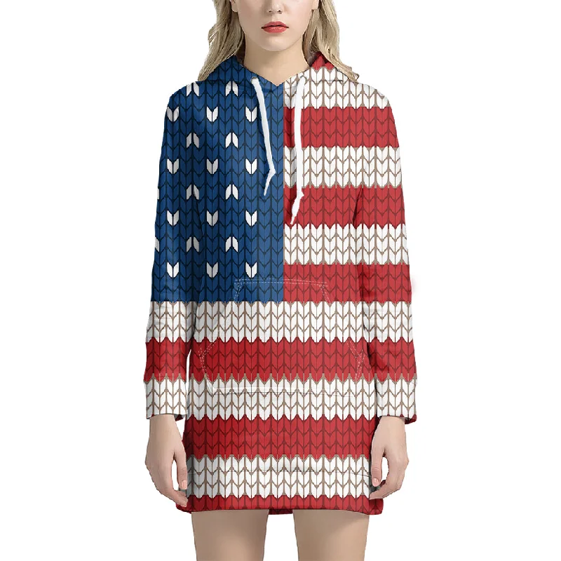 American Flag Knitted Print Pullover Hoodie Dress