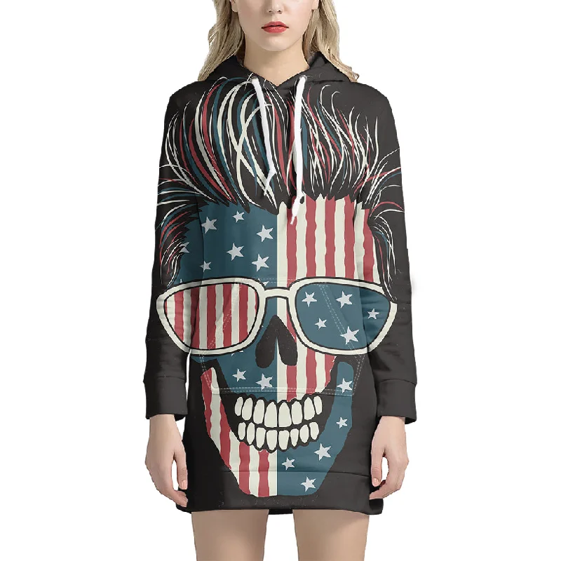 American Flag Skull Print Pullover Hoodie Dress