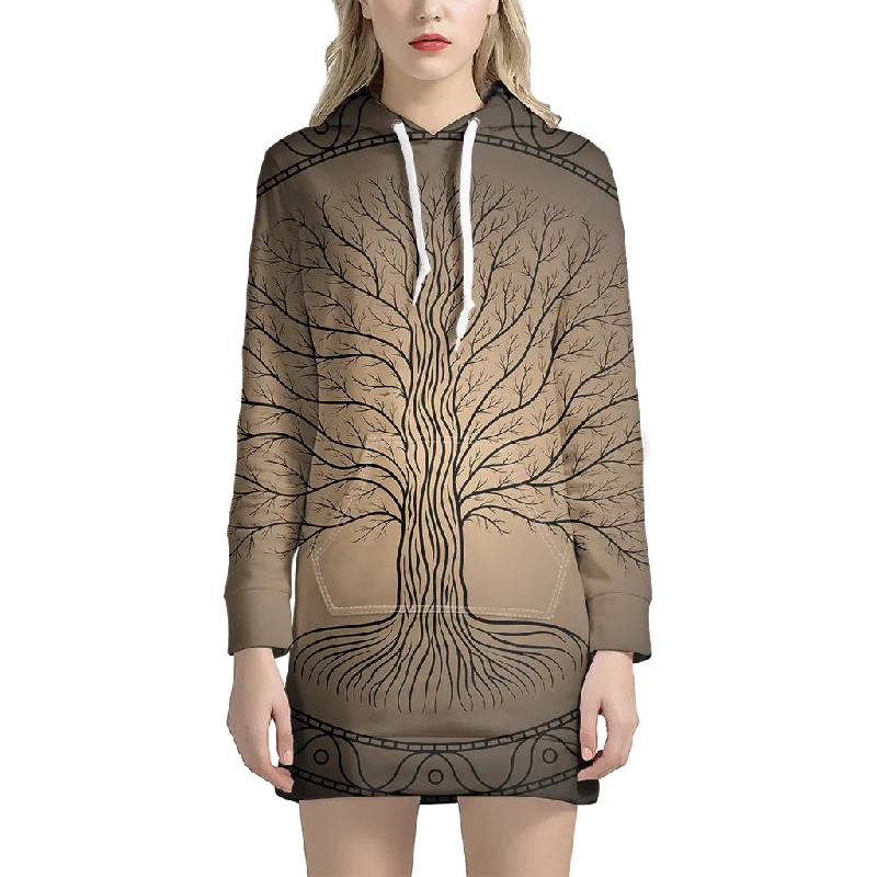 Ancient Yggdrasil Tree Print Pullover Hoodie Dress