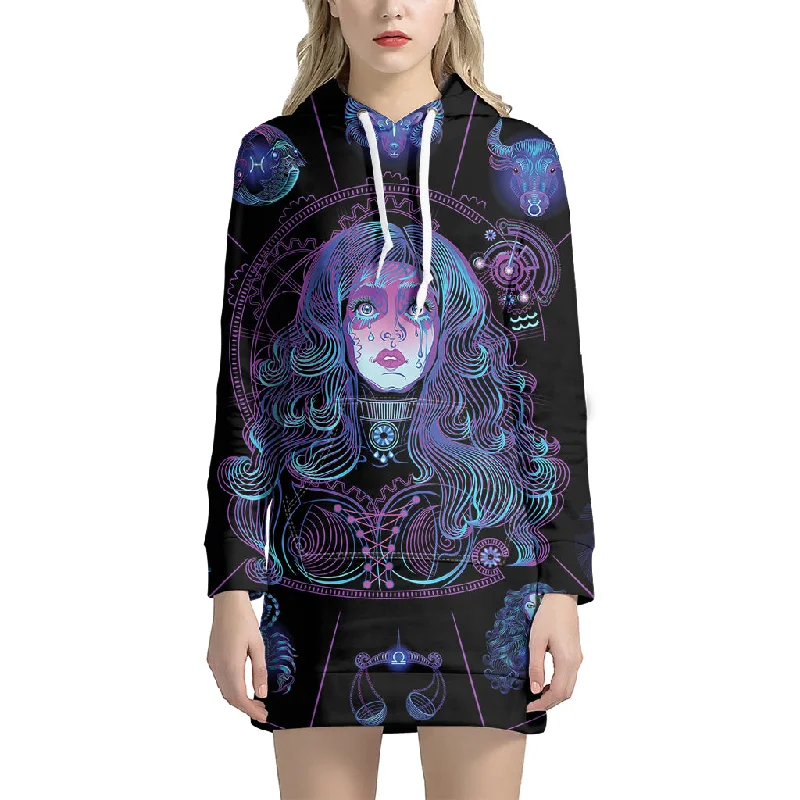 Aquarius And Astrological Signs Print Pullover Hoodie Dress