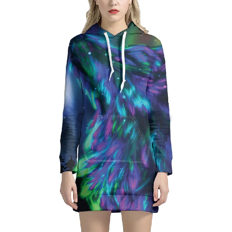 Aurora Howling Wolf Spirit Print Pullover Hoodie Dress