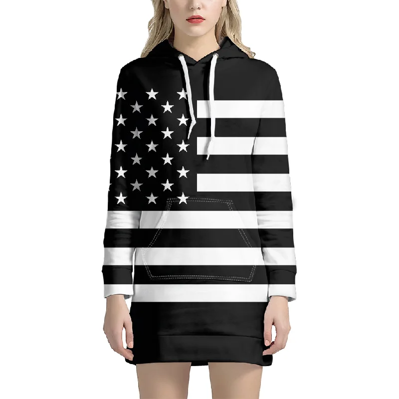 Black American Flag Print Pullover Hoodie Dress