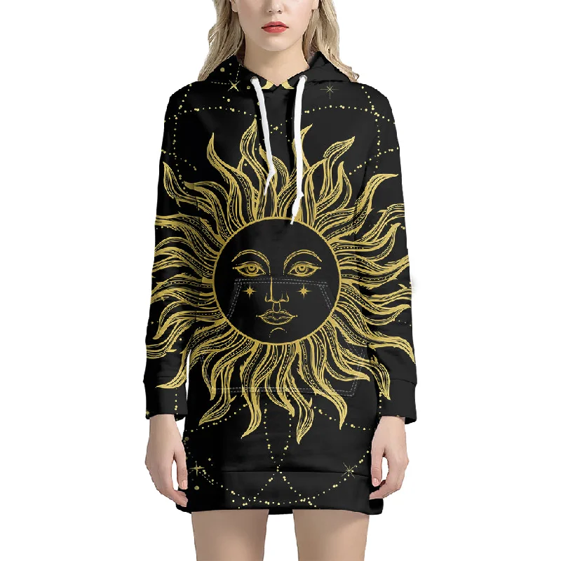 Black And Gold Celestial Sun Print Pullover Hoodie Dress