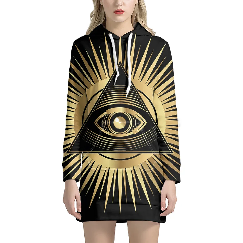 Black And Gold Eye of Providence Print Pullover Hoodie Dress