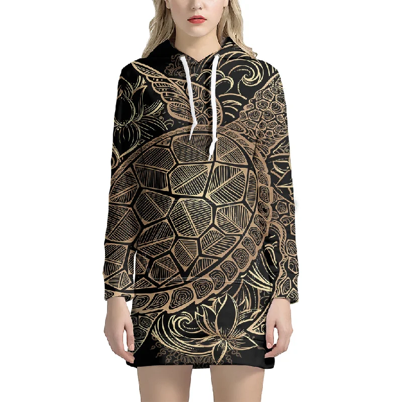 Black And Gold Sea Turtle Print Pullover Hoodie Dress