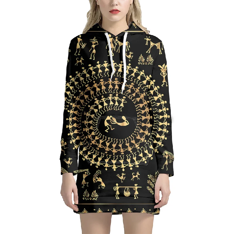 Black And Gold Warli Tribal Print Pullover Hoodie Dress