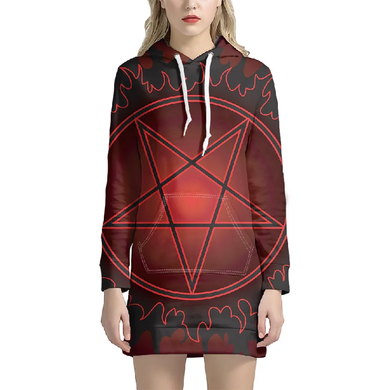 Black And Red Satanic Pentagram Print Pullover Hoodie Dress