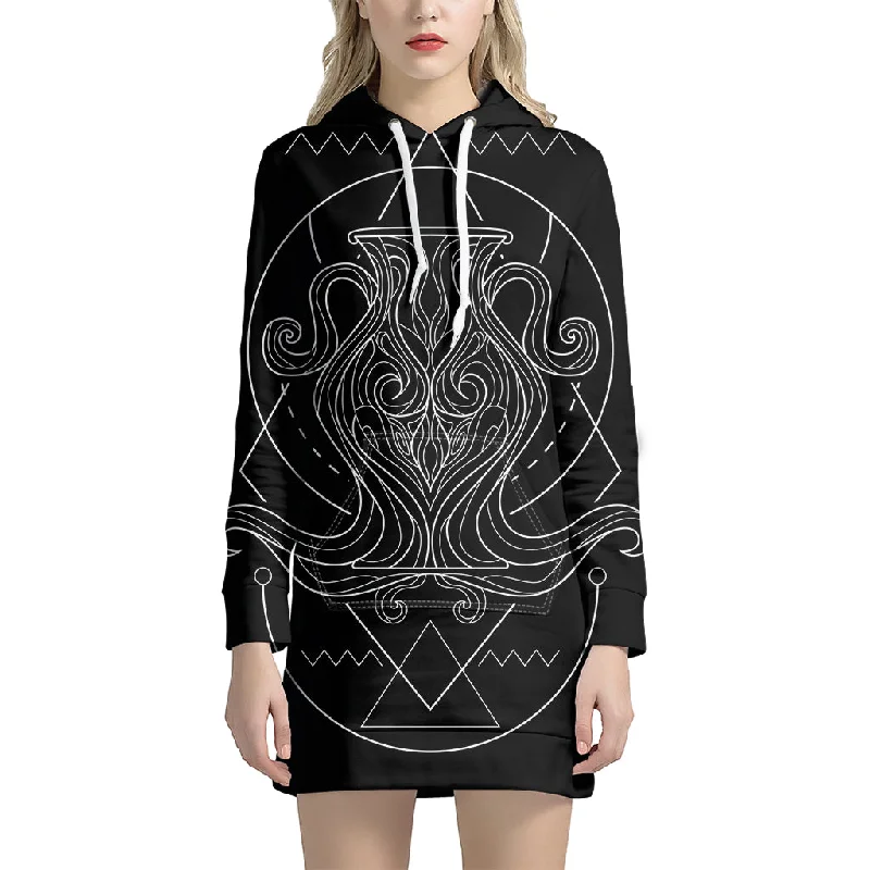 Black And White Aquarius Sign Print Pullover Hoodie Dress