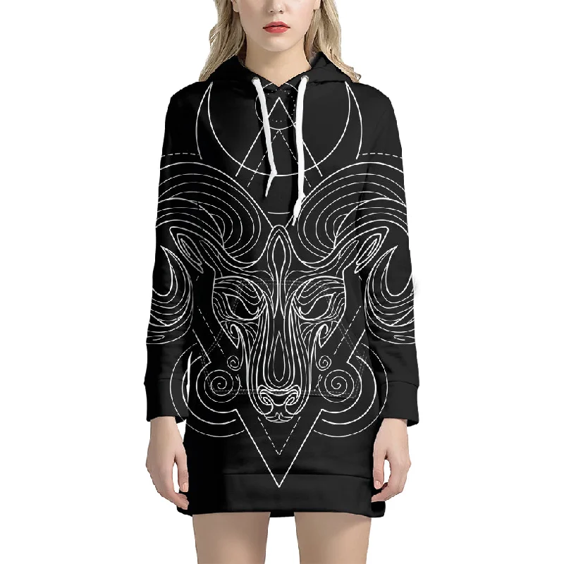 Black And White Aries Sign Print Pullover Hoodie Dress