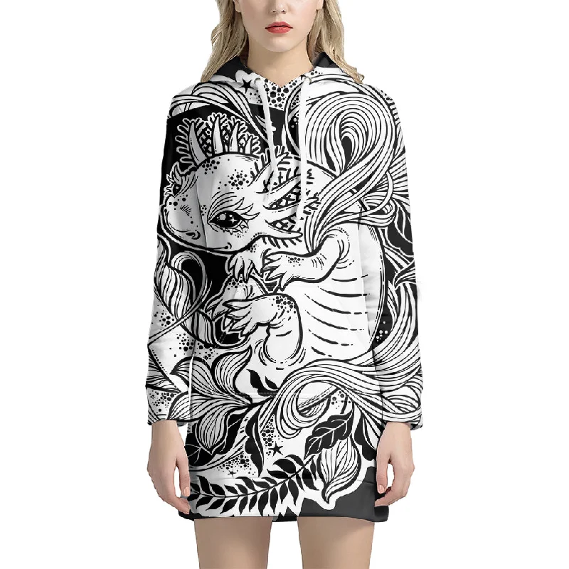 Black And White Axolotl Print Pullover Hoodie Dress