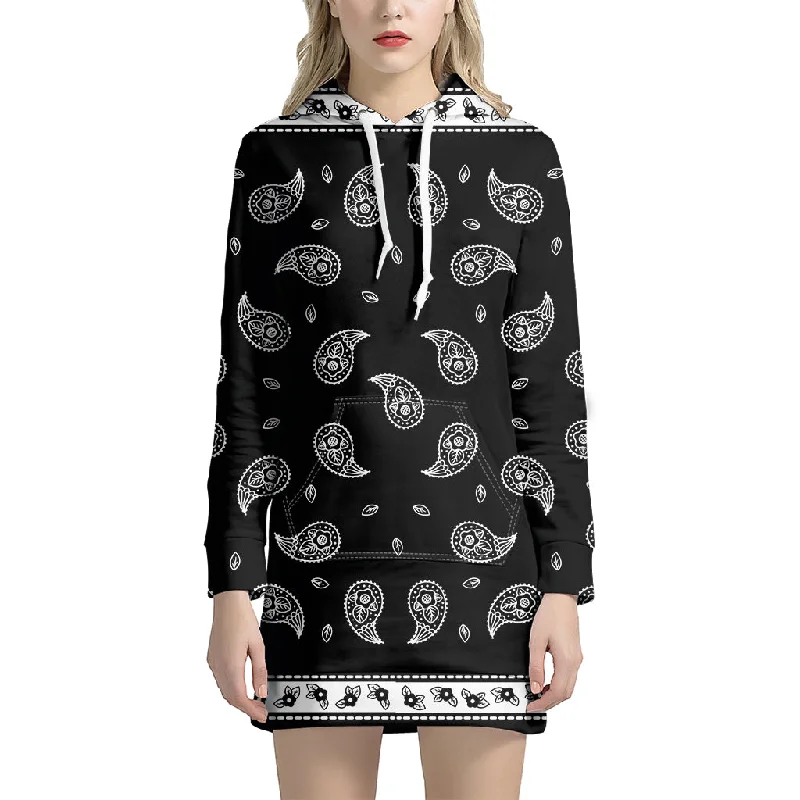 Black And White Bandana Print Pullover Hoodie Dress