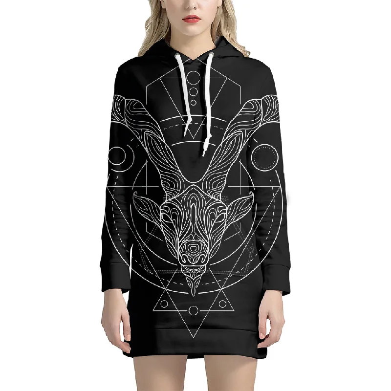 Black And White Capricorn Sign Print Pullover Hoodie Dress