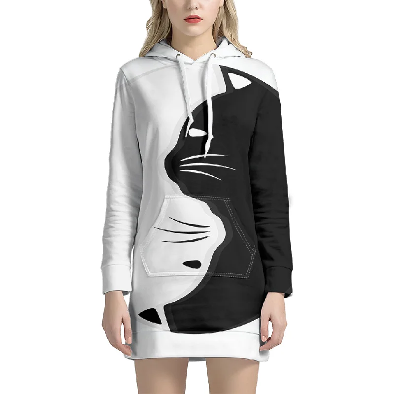 Black And White Cat Yin Yang Print Pullover Hoodie Dress