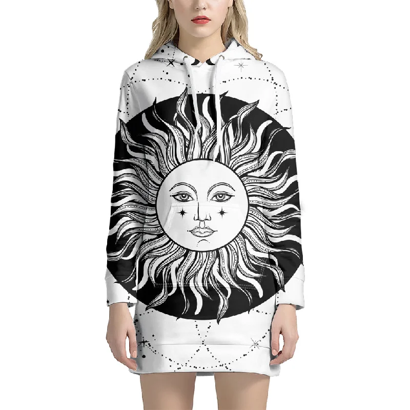 Black And White Celestial Sun Print Pullover Hoodie Dress