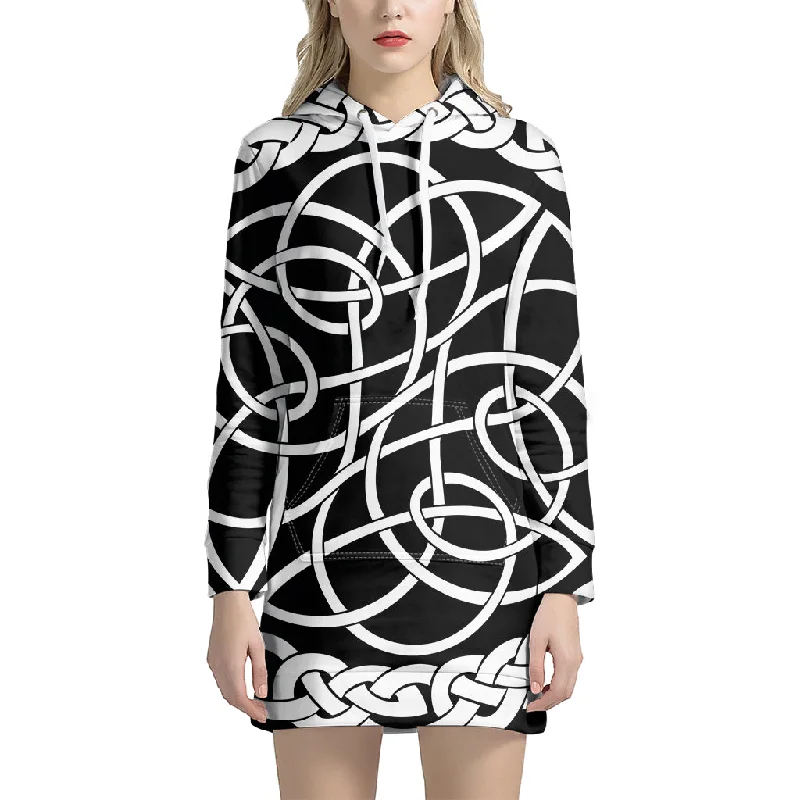 Black And White Celtic Knot Print Pullover Hoodie Dress