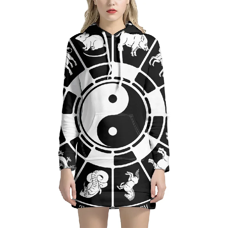 Black And White Chinese Zodiac Print Pullover Hoodie Dress