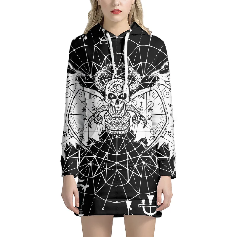 Black And White Demon Wicca Print Pullover Hoodie Dress