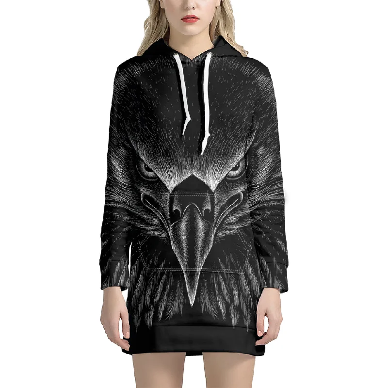 Black And White Eagle Print Pullover Hoodie Dress