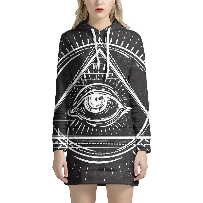 Black And White Eye of Providence Print Pullover Hoodie Dress