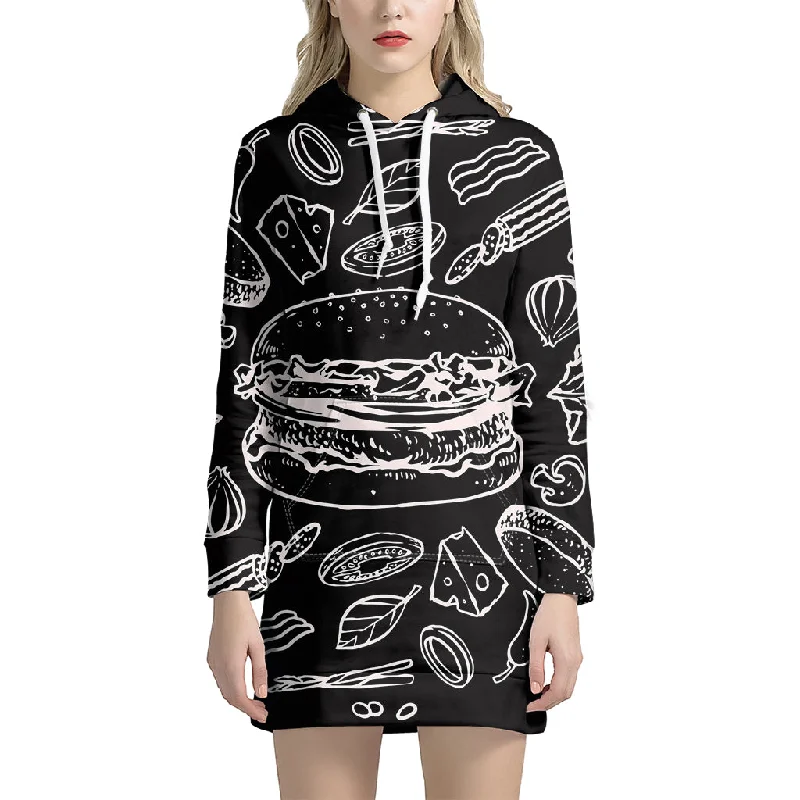 Black And White Hamburger Print Pullover Hoodie Dress