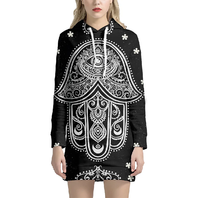 Black And White Hamsa Print Pullover Hoodie Dress