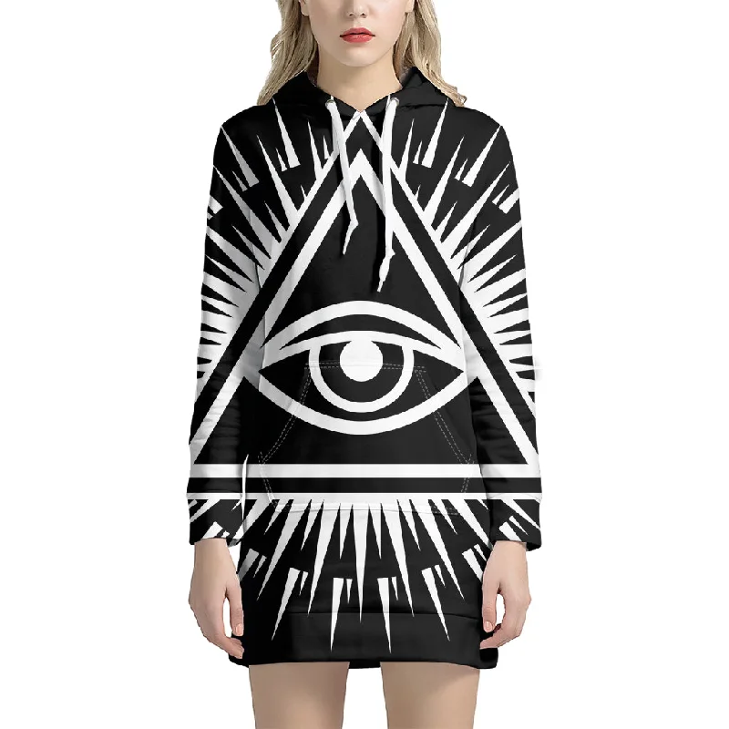 Black And White Illuminati Print Pullover Hoodie Dress