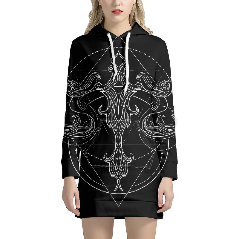 Black And White Libra Sign Print Pullover Hoodie Dress