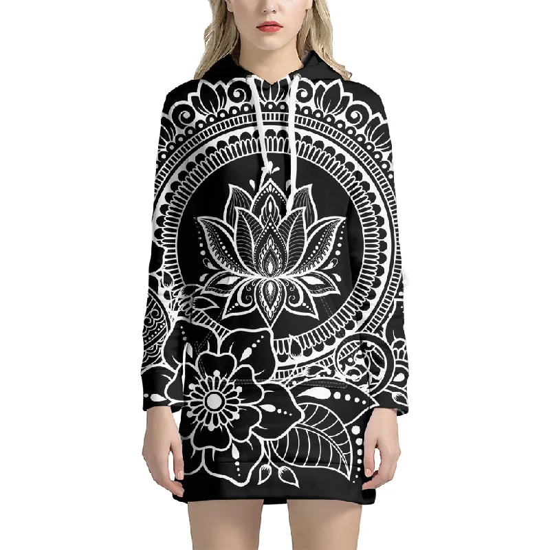 Black And White Lotus Flower Print Pullover Hoodie Dress