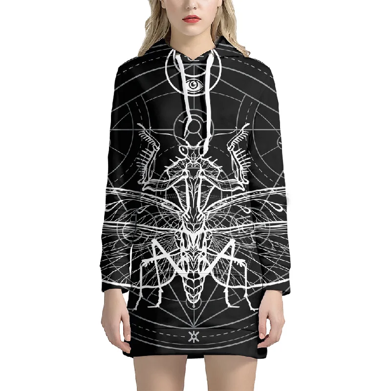 Black And White Mantis Spirit Print Pullover Hoodie Dress