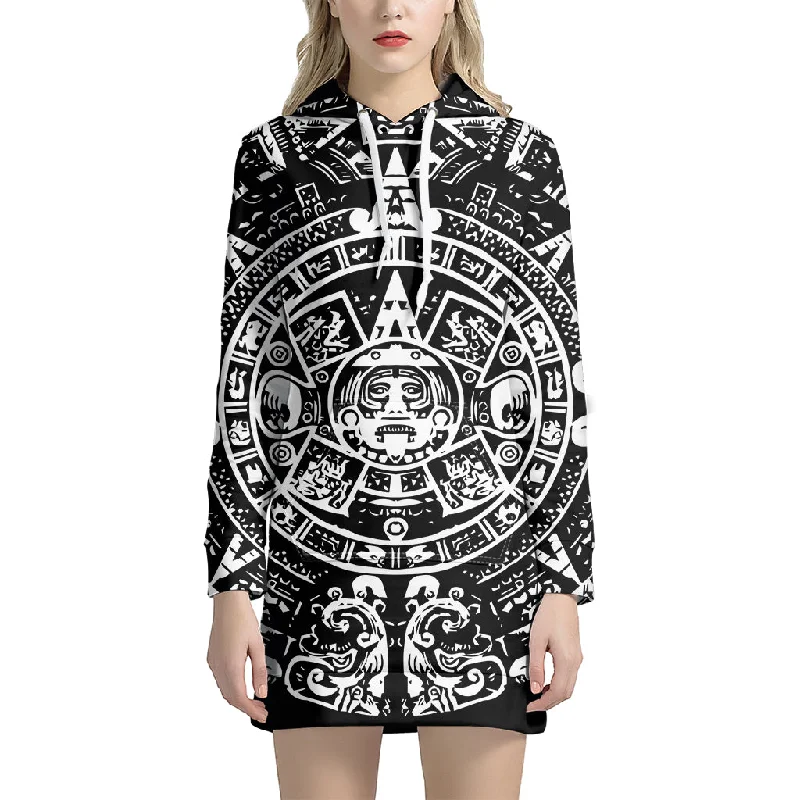 Black And White Maya Calendar Print Pullover Hoodie Dress