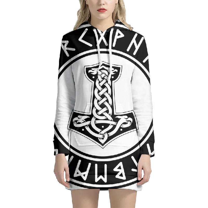 Black And White Mjolnir Print Pullover Hoodie Dress