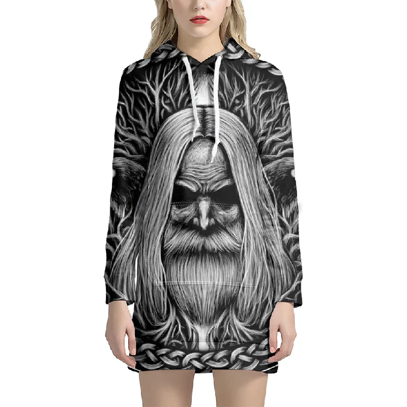 Black And White Odin With Crows Print Pullover Hoodie Dress