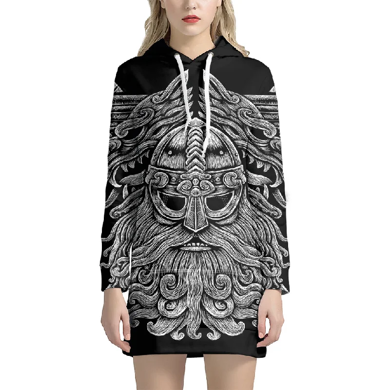 Black And White Odin With Wolfs Print Pullover Hoodie Dress