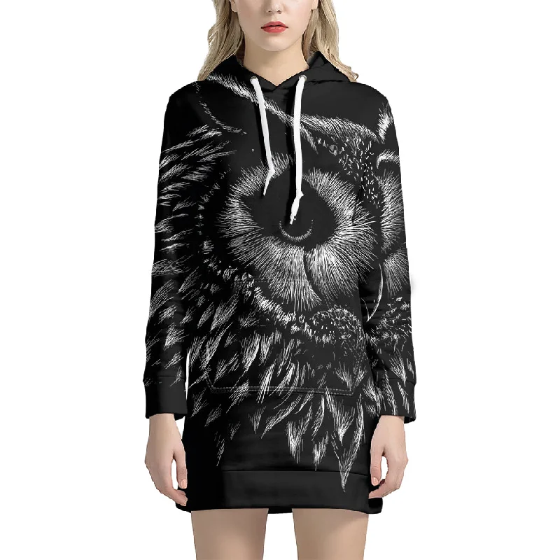 Black And White Owl Print Pullover Hoodie Dress