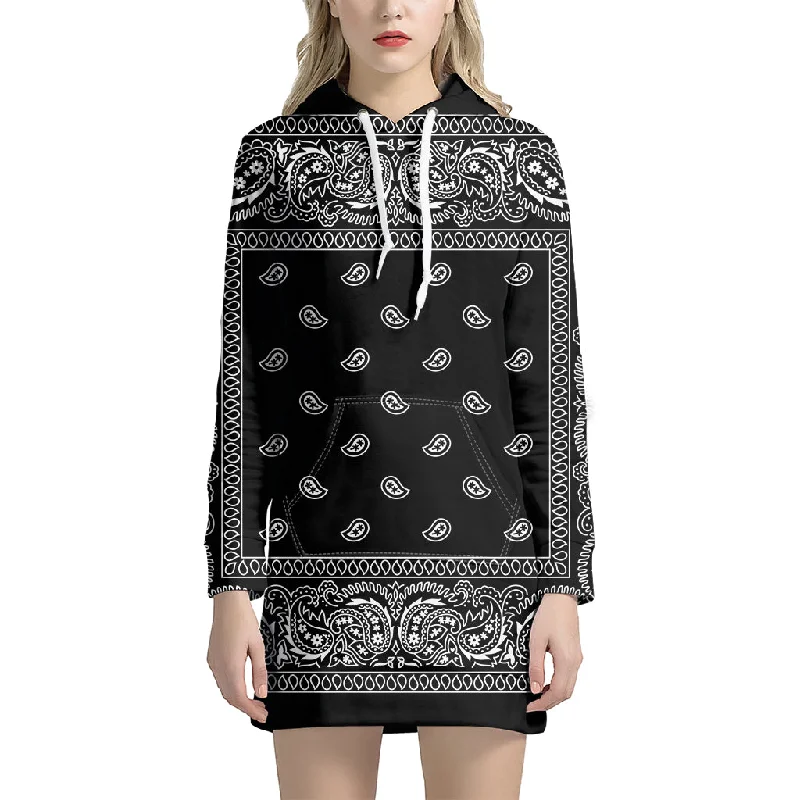 Black And White Paisley Bandana Print Pullover Hoodie Dress