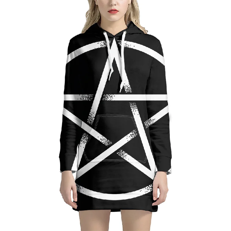 Black And White Pentagram Symbol Print Pullover Hoodie Dress