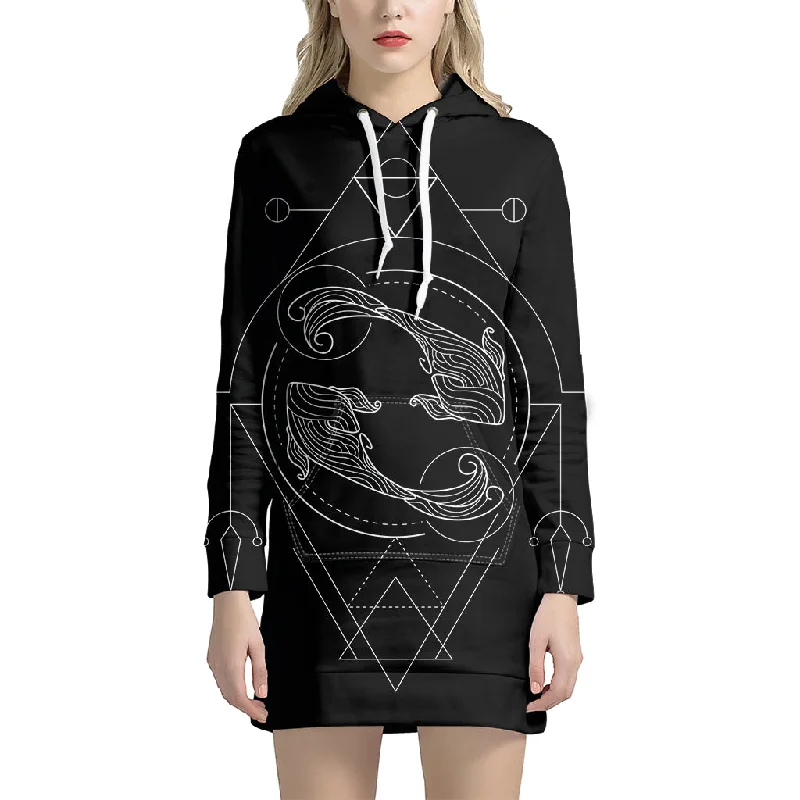 Black And White Pisces Sign Print Pullover Hoodie Dress